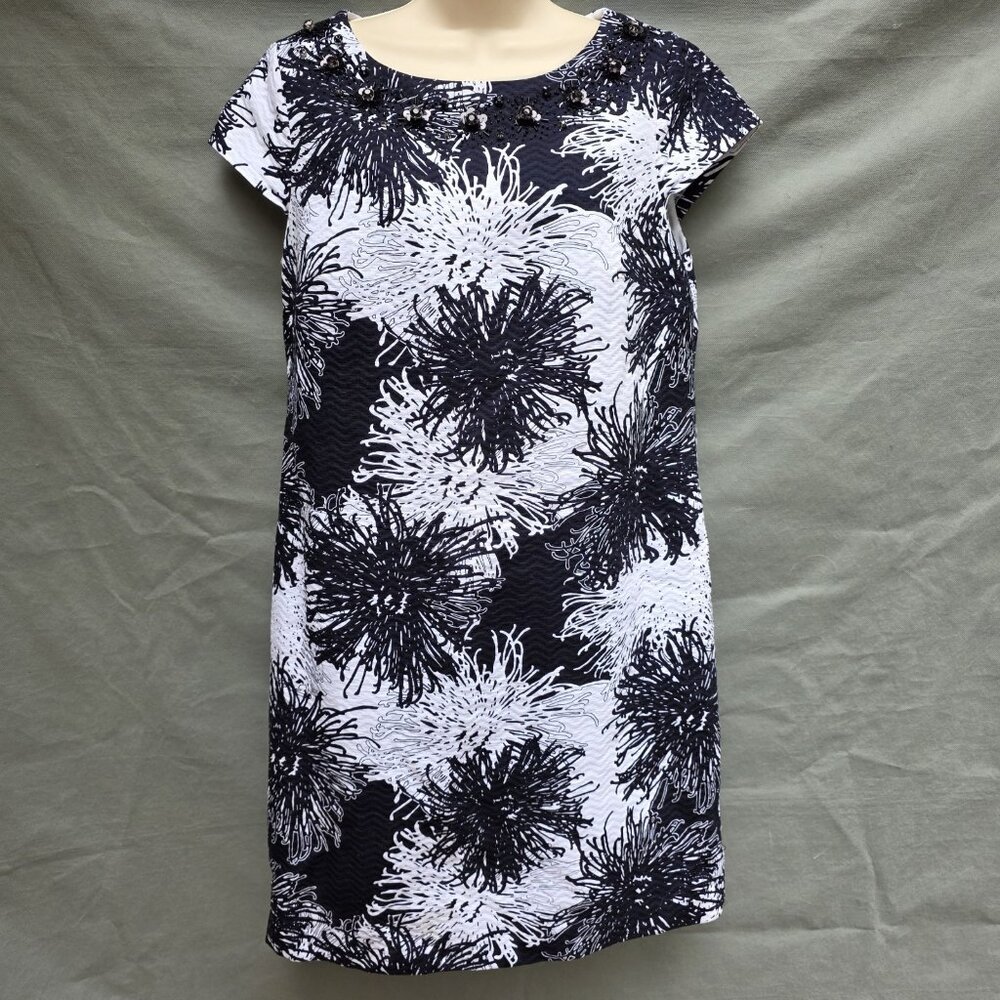 Talbots Sheath Dress Jeweled Neckline Size 10 Cotton Navy Blue White Business